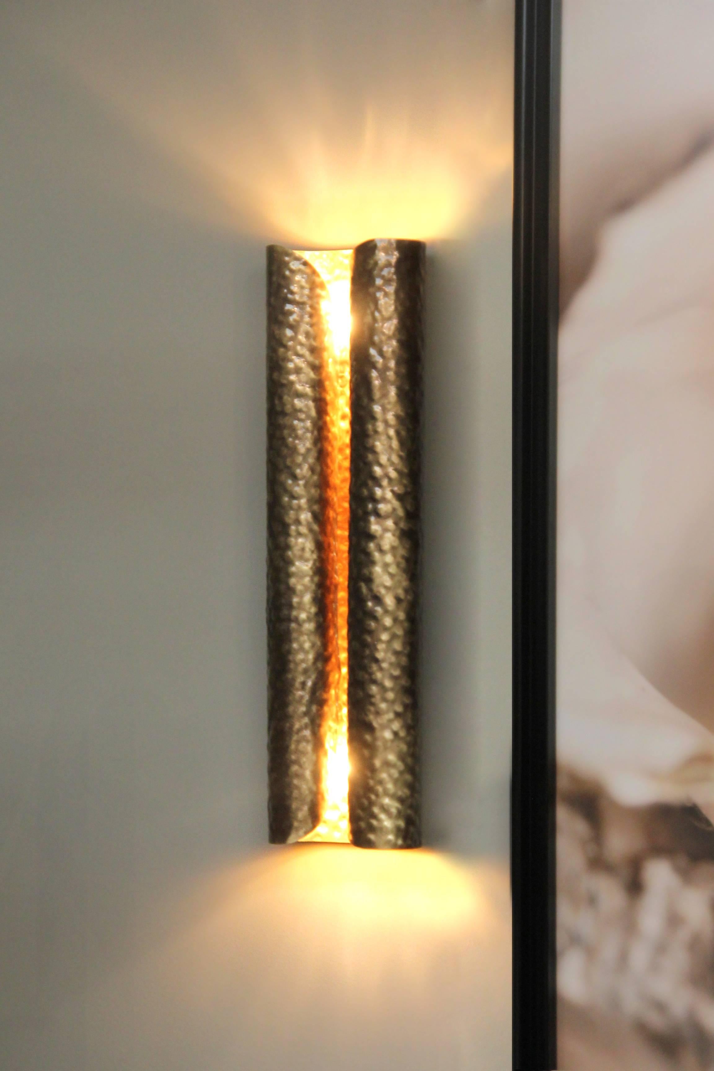 Modern Pair of European Hammered Brass Vellum Wall Lights by Brabbu For Sale