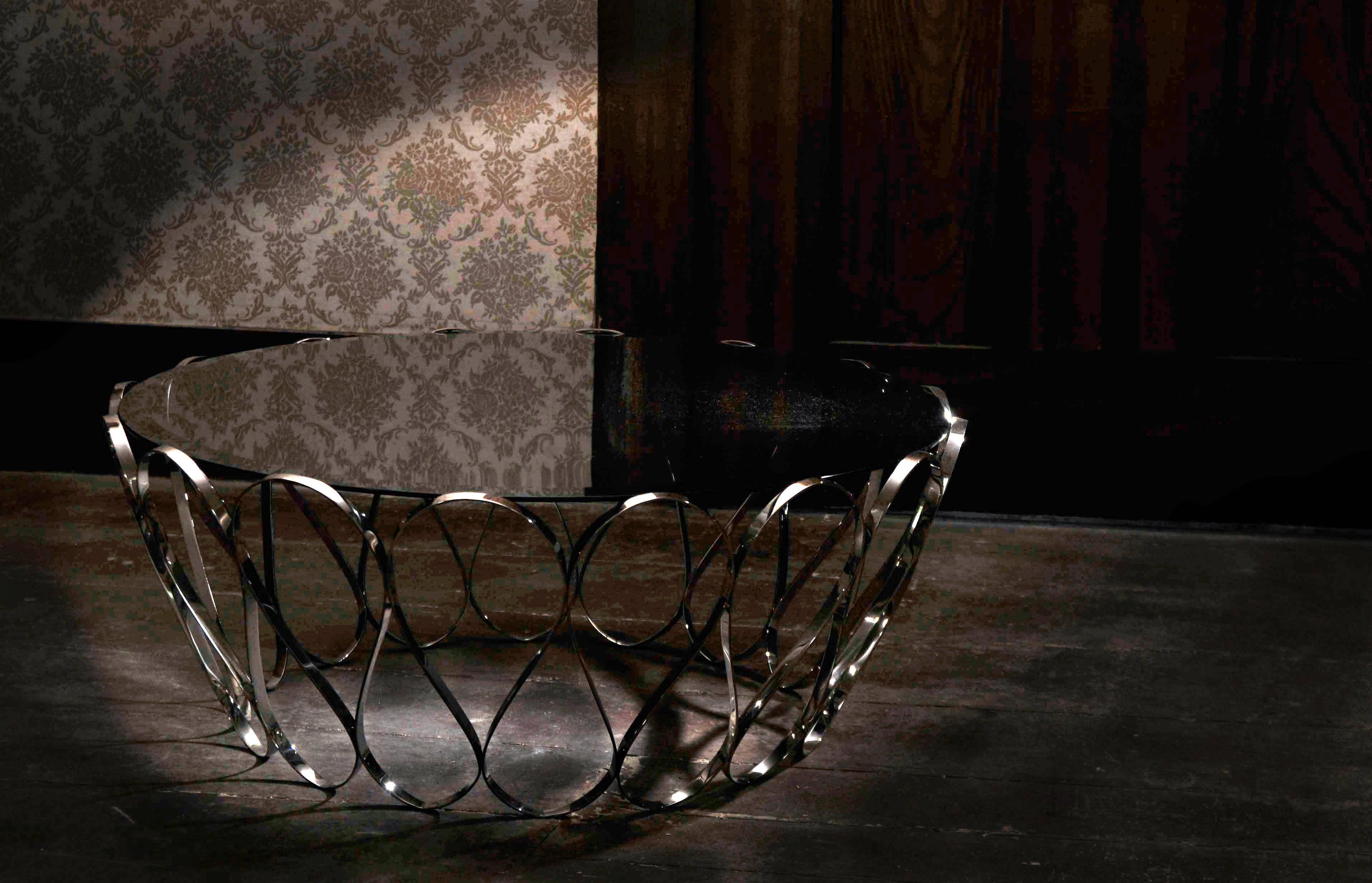 Blackened European Stainless Steel and Glass Aquarius Center Coffee Table by Boca Do Lobo For Sale