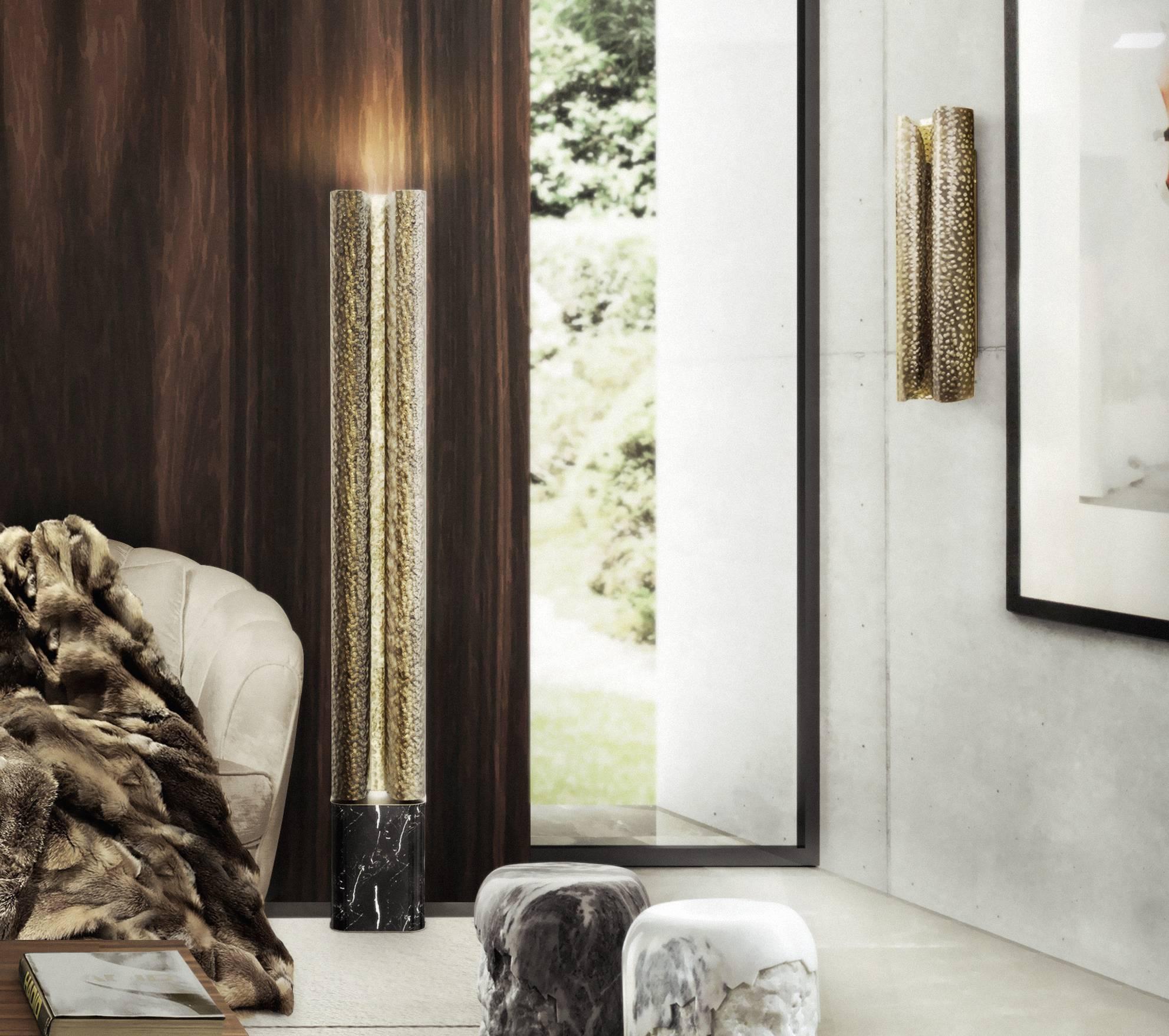 European Modern Hammered Brass and Marble Vellum Floor Lamp by Brabbu For Sale 2