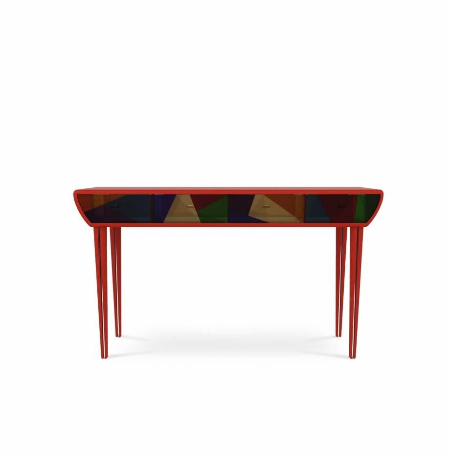 Contemporary European Modern Lacquered Wood, Stained Glass, Acrylic Four-Drawer Vitra Console For Sale
