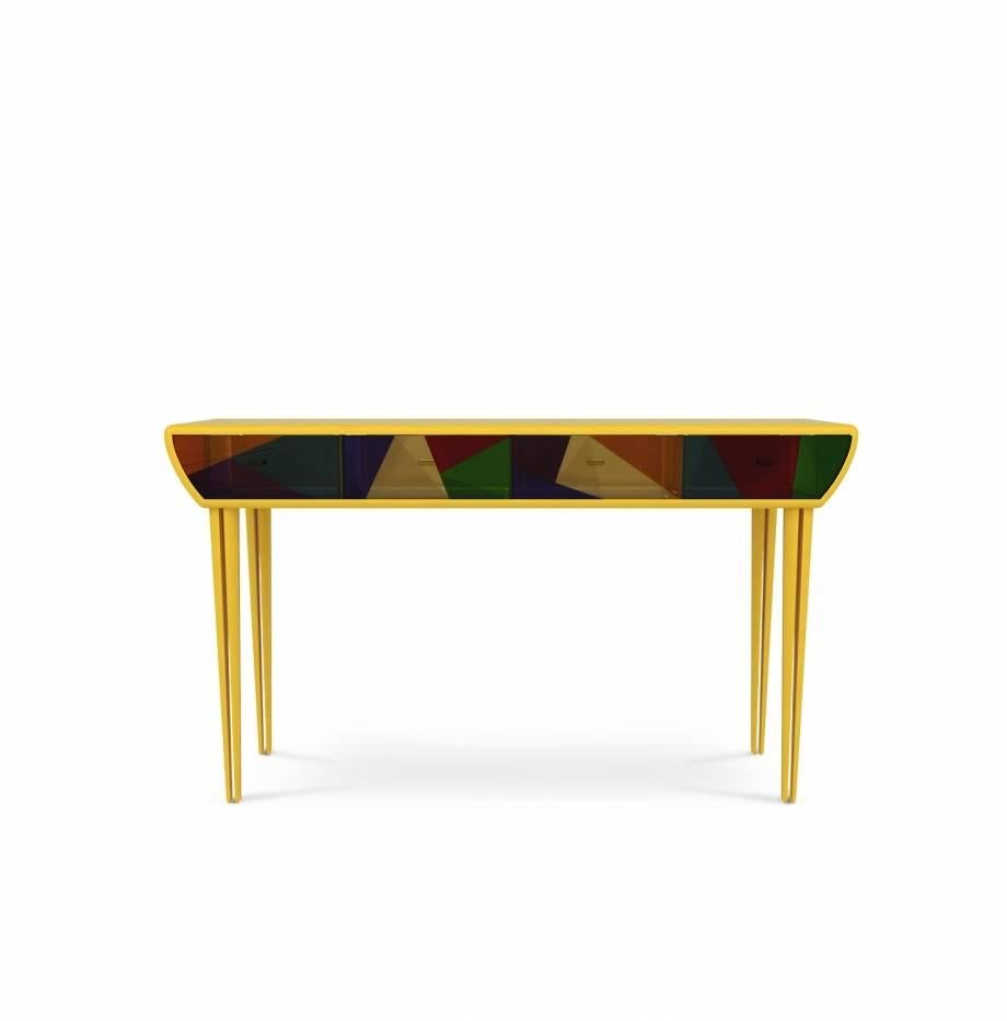 European Modern Lacquered Wood, Stained Glass, Acrylic Four-Drawer Vitra Console For Sale 4