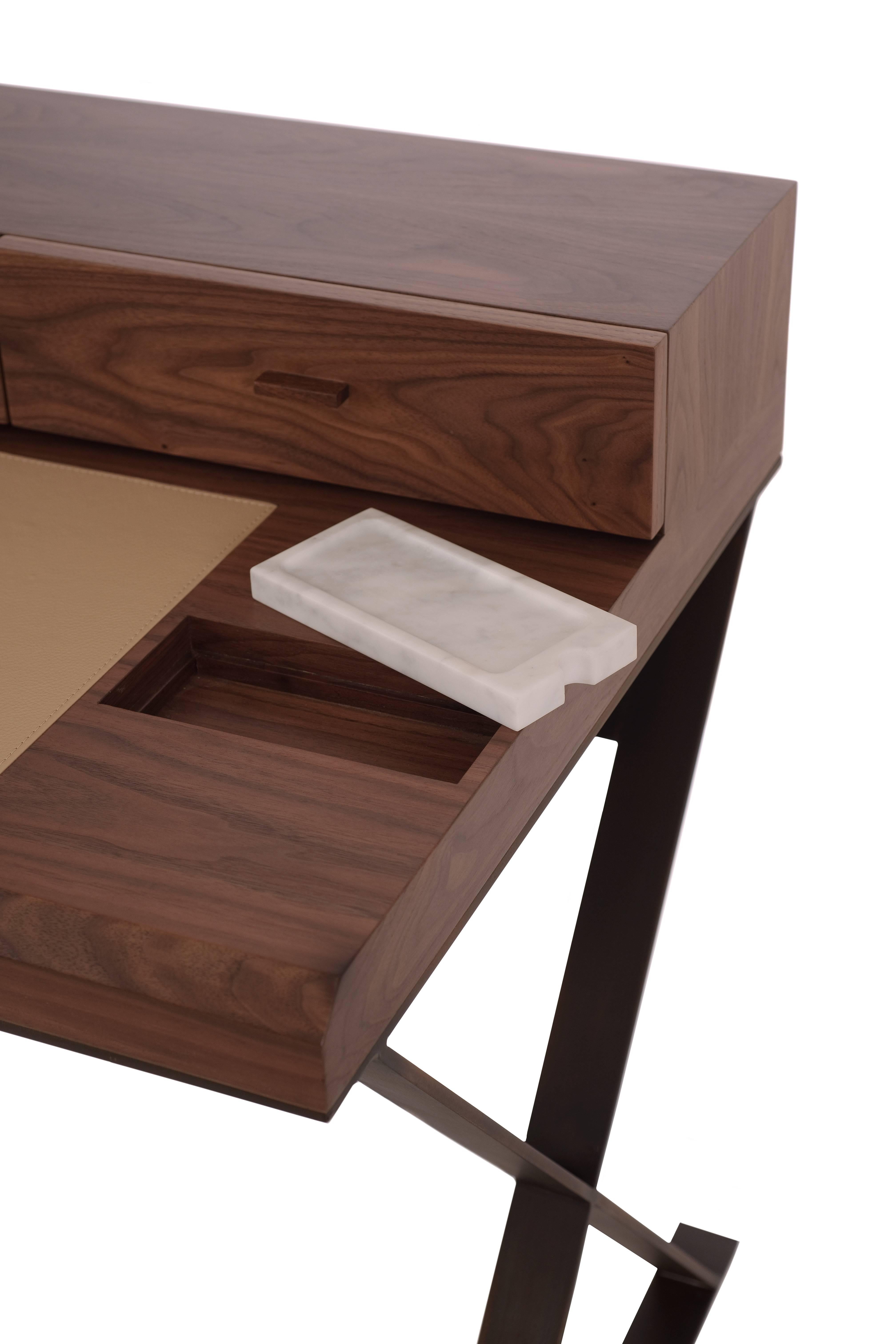 Italian Hemingway Walnut, Leather and Marble Desk For Sale 3