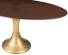 French Modern Oval Walnut Star and Gilded Hammered Dining Table