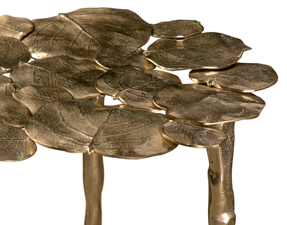 French Modern Cast Brass Decorative Leaves Side Table For Sale 1
