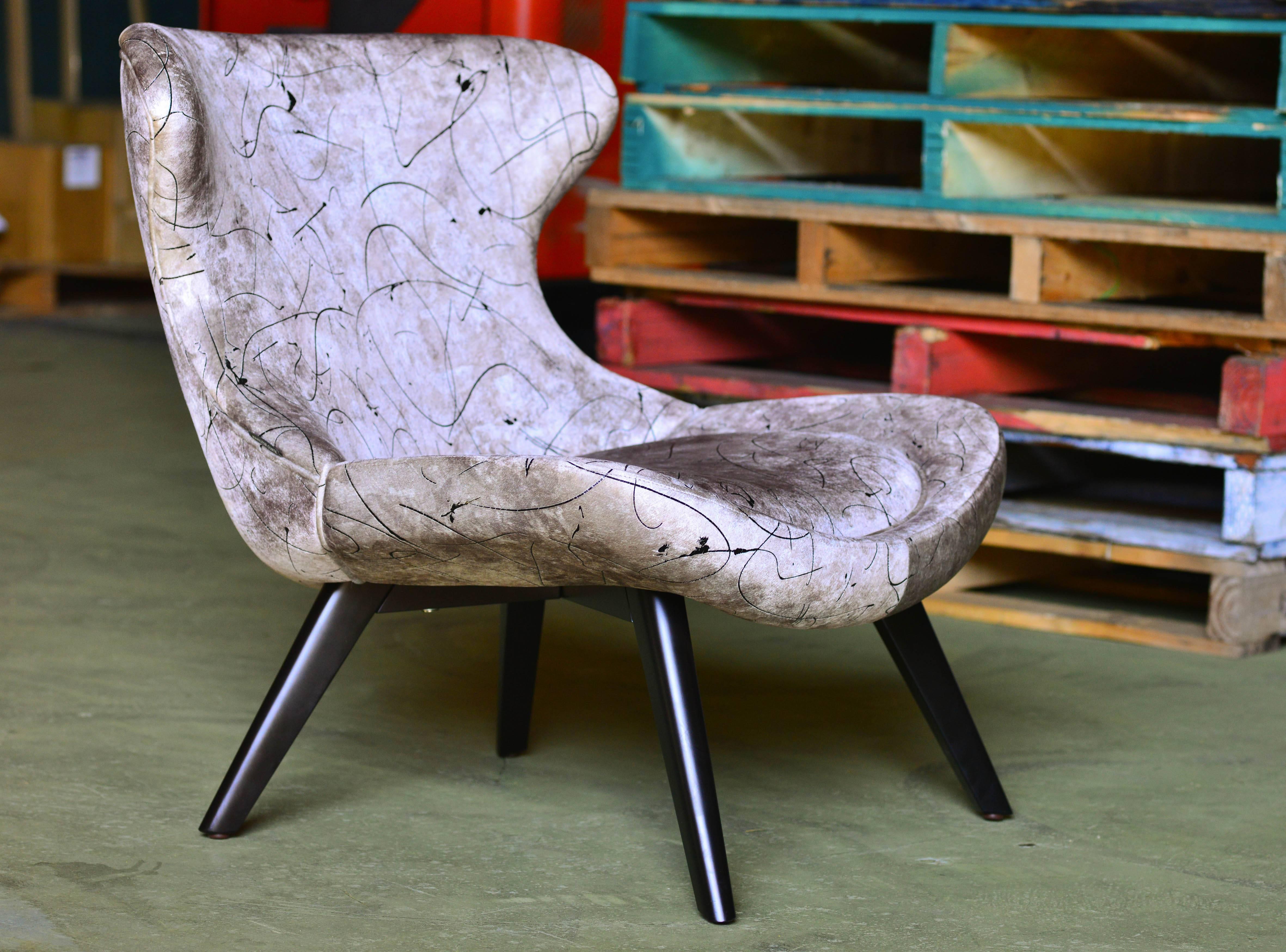 Beech French Contemporary Art Printed Velvet Scandinavian Modern Retro Lounge Armchair For Sale