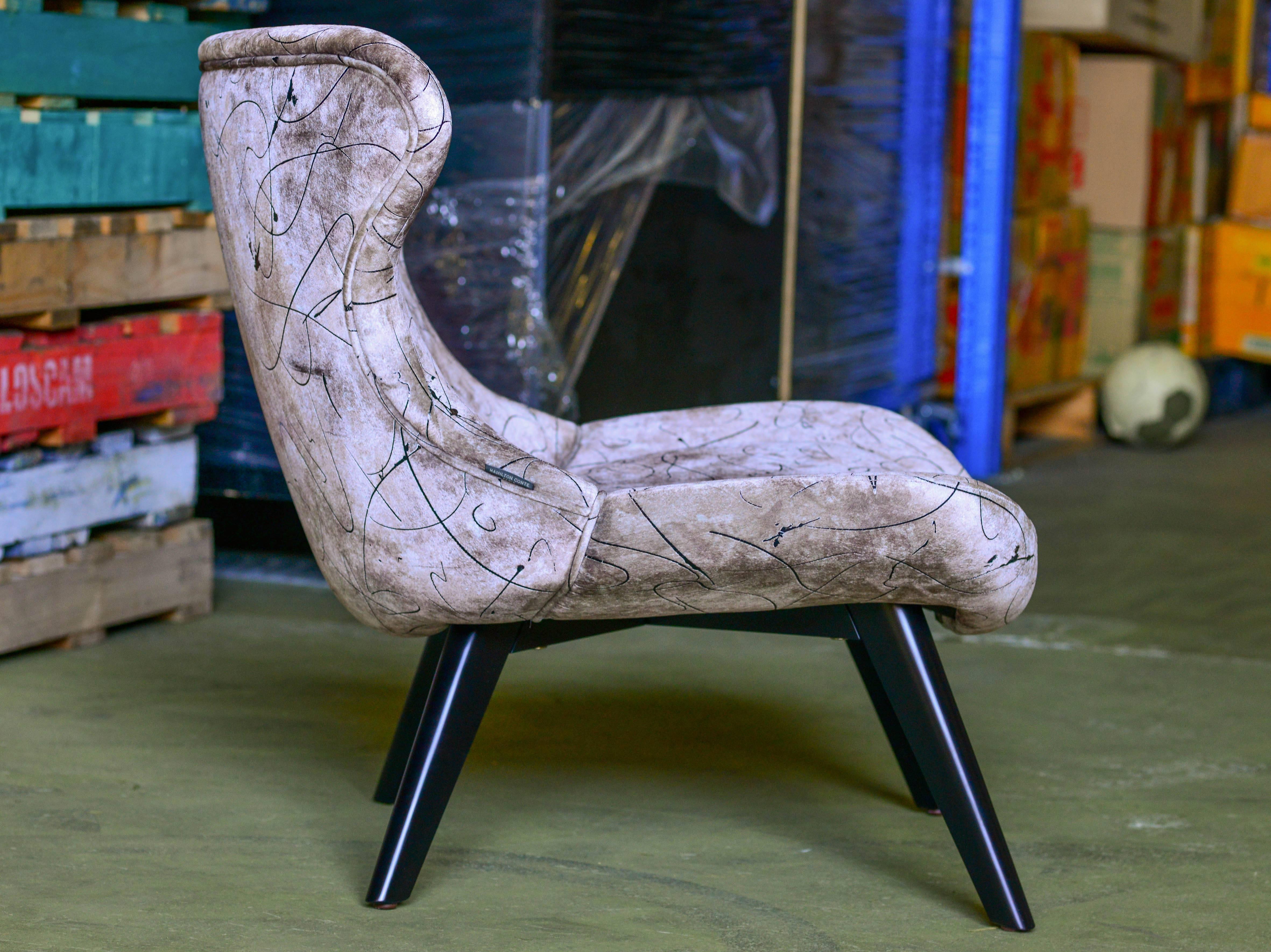French Contemporary Art Printed Velvet Scandinavian Modern Retro Lounge Armchair For Sale 2
