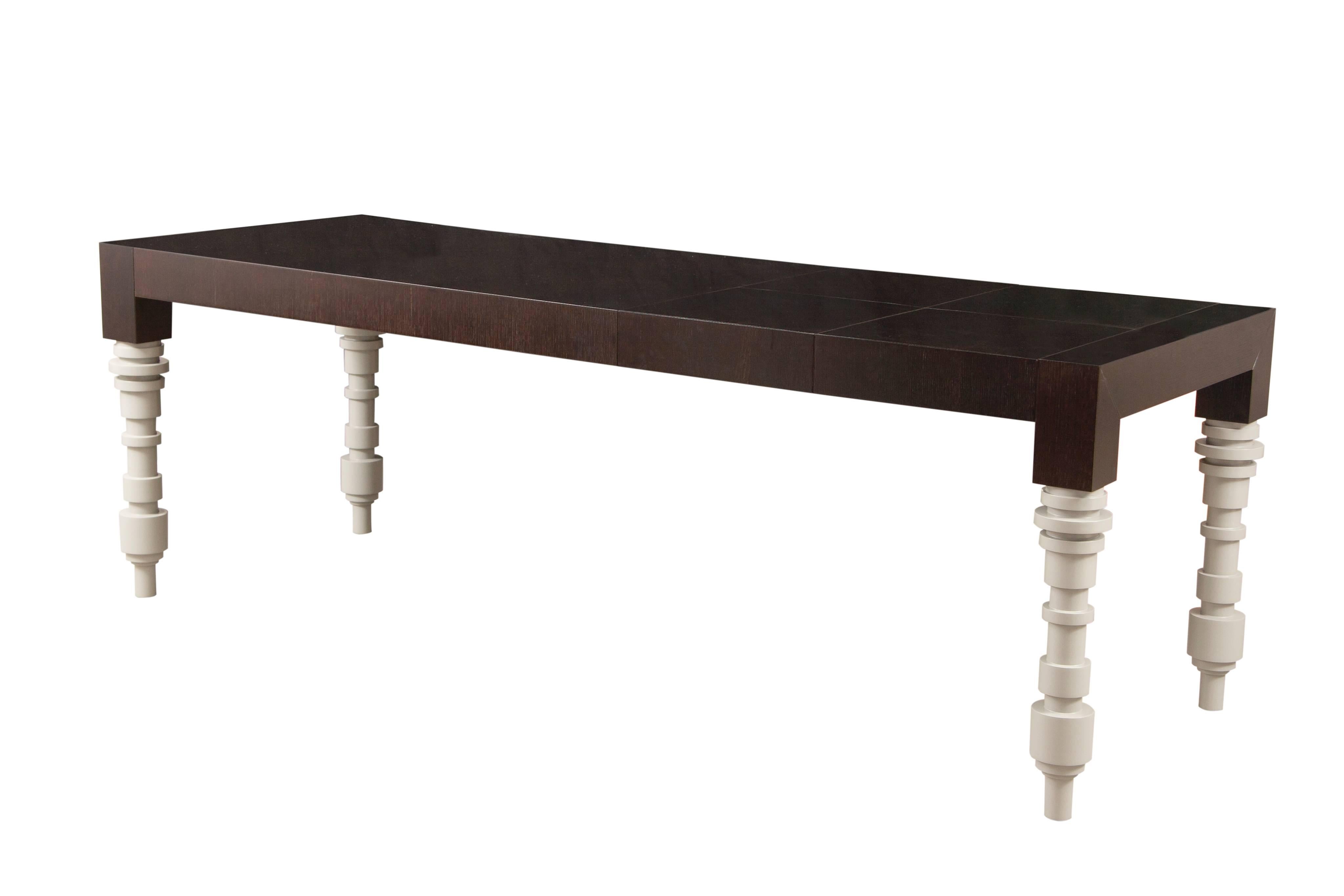 Veneer French Modern Oak or Walnut Turned Wood Leg Rectangular Dining Table For Sale