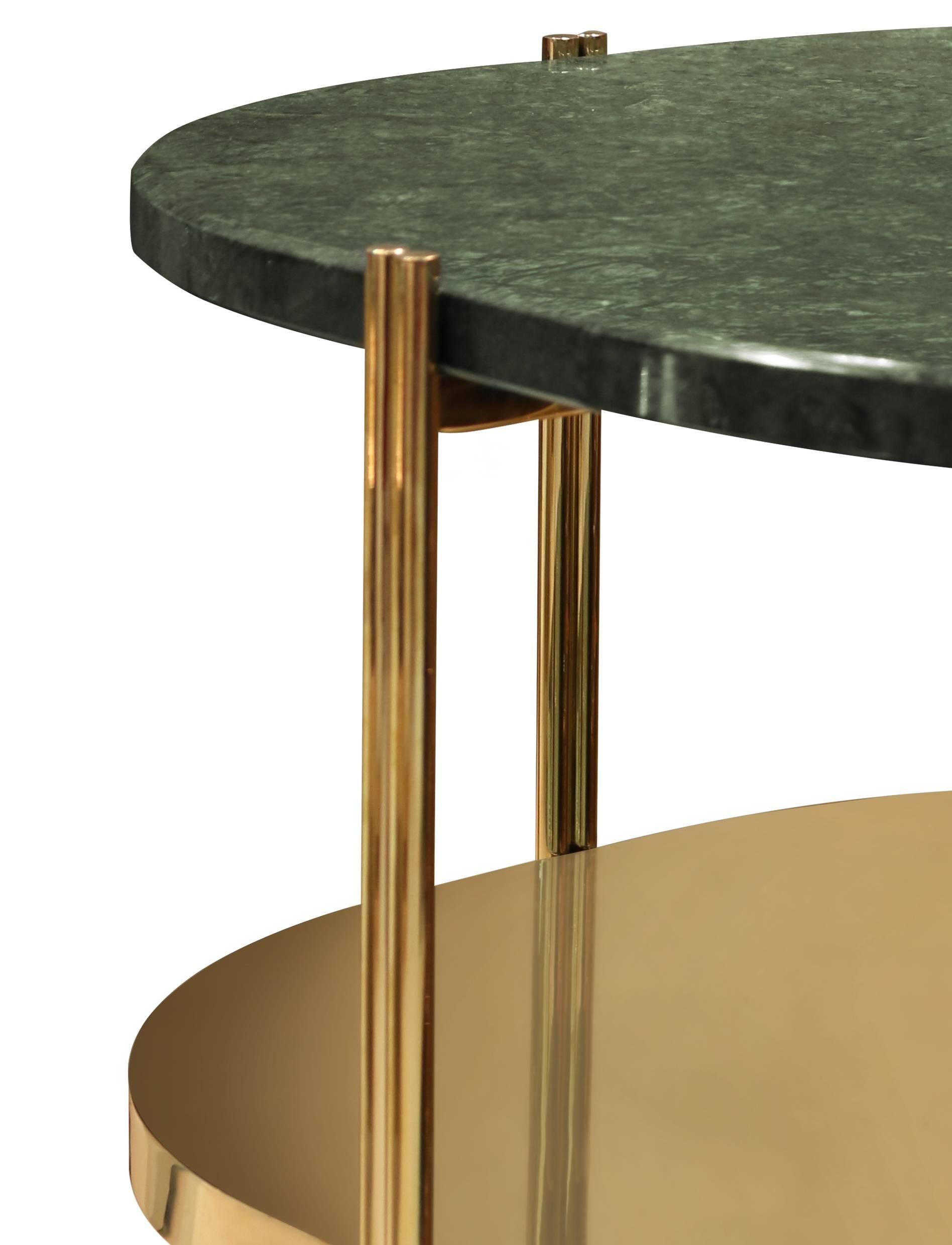 Polished Mid-Century Modern Style European Marble and Brass Two Ledge Round Side Table For Sale