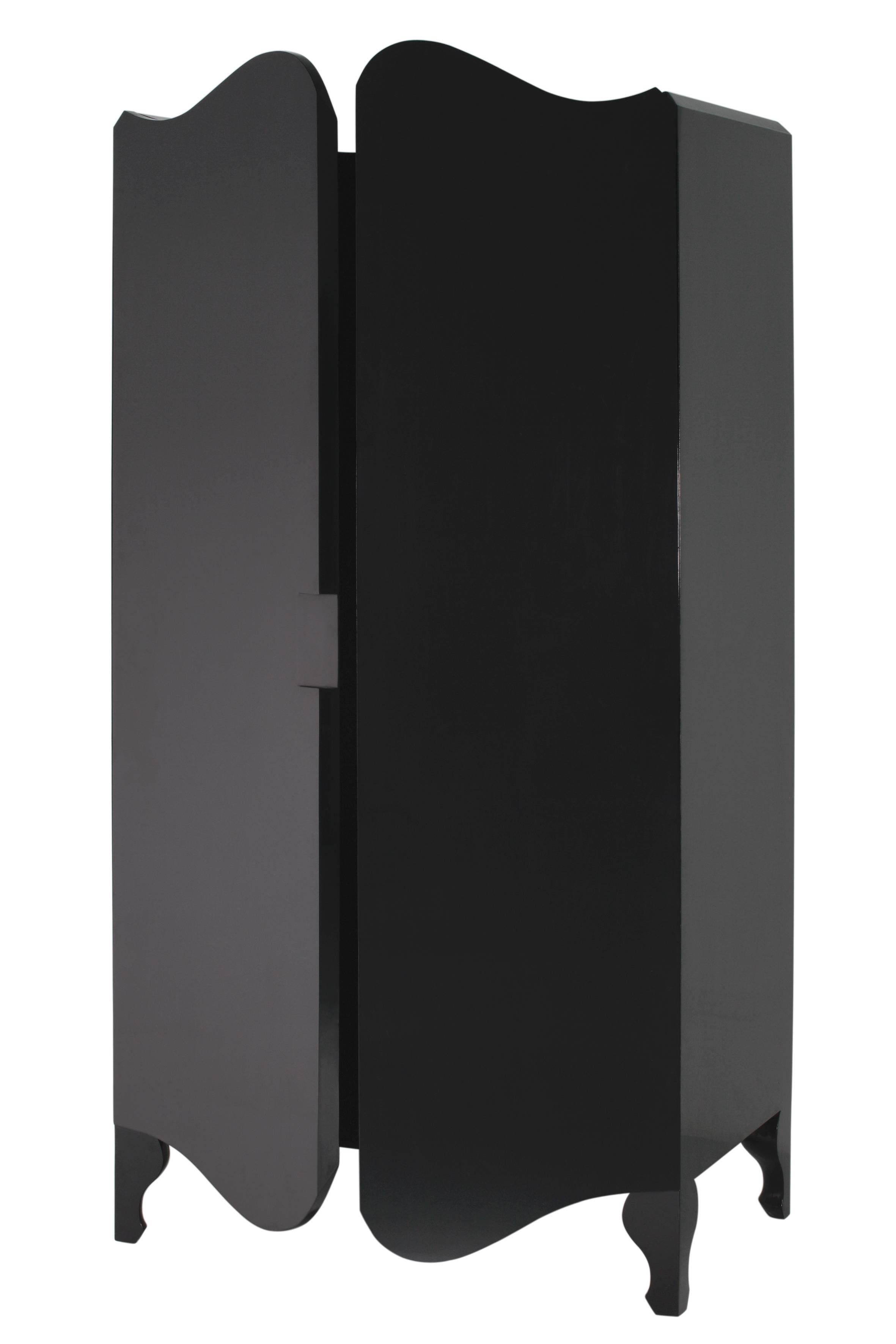 A tall handsome armoire whose curves may be finer than your own. Includes one adjustable shoe shelf and matching metal hanging rail inside. Extremely sturdy and fully knock down for self-assembly. 

Material: Tough polyurethane lacquer on MDF,
