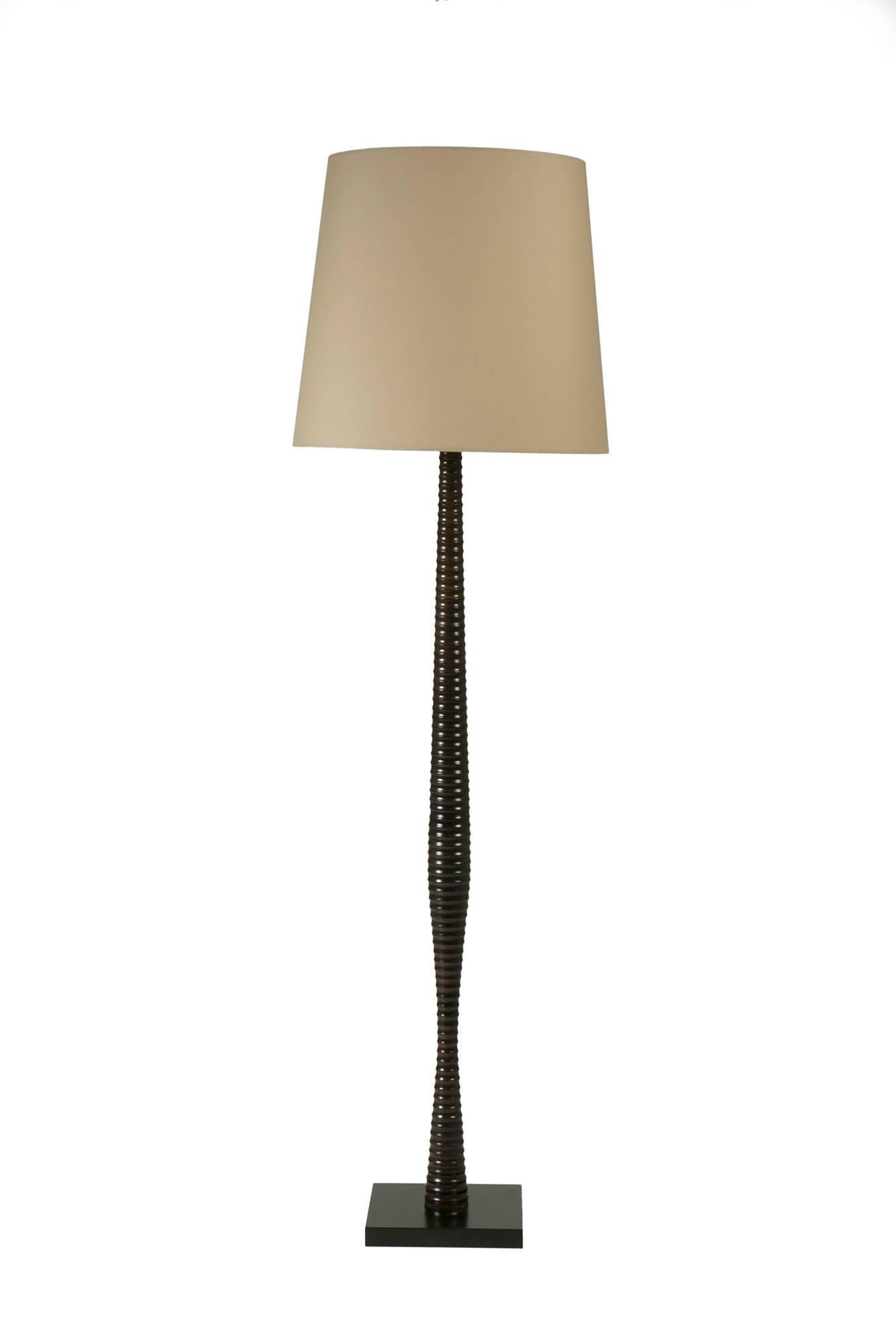 Contemporary Pair of French Modern Turned Wood Floor Lamps with Beige Shade For Sale