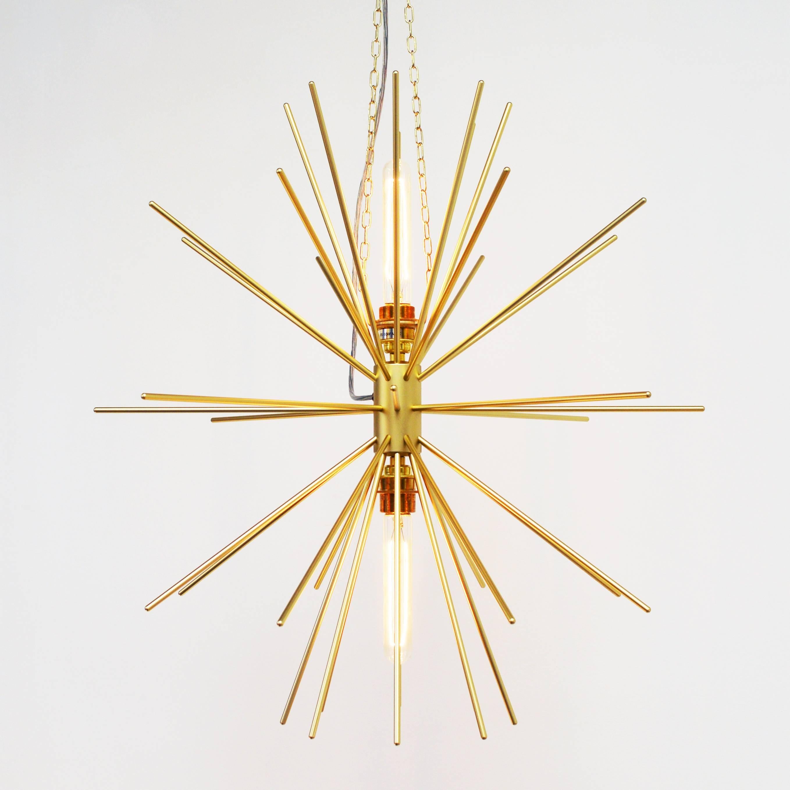 Elara is an iconic pendant light. Its 40 arms are screwed into a central body which also houses two rod filament bulbs positioned at 180 degrees. The result is a timeless and compelling golden star of light. Elara is available in anodised aluminium