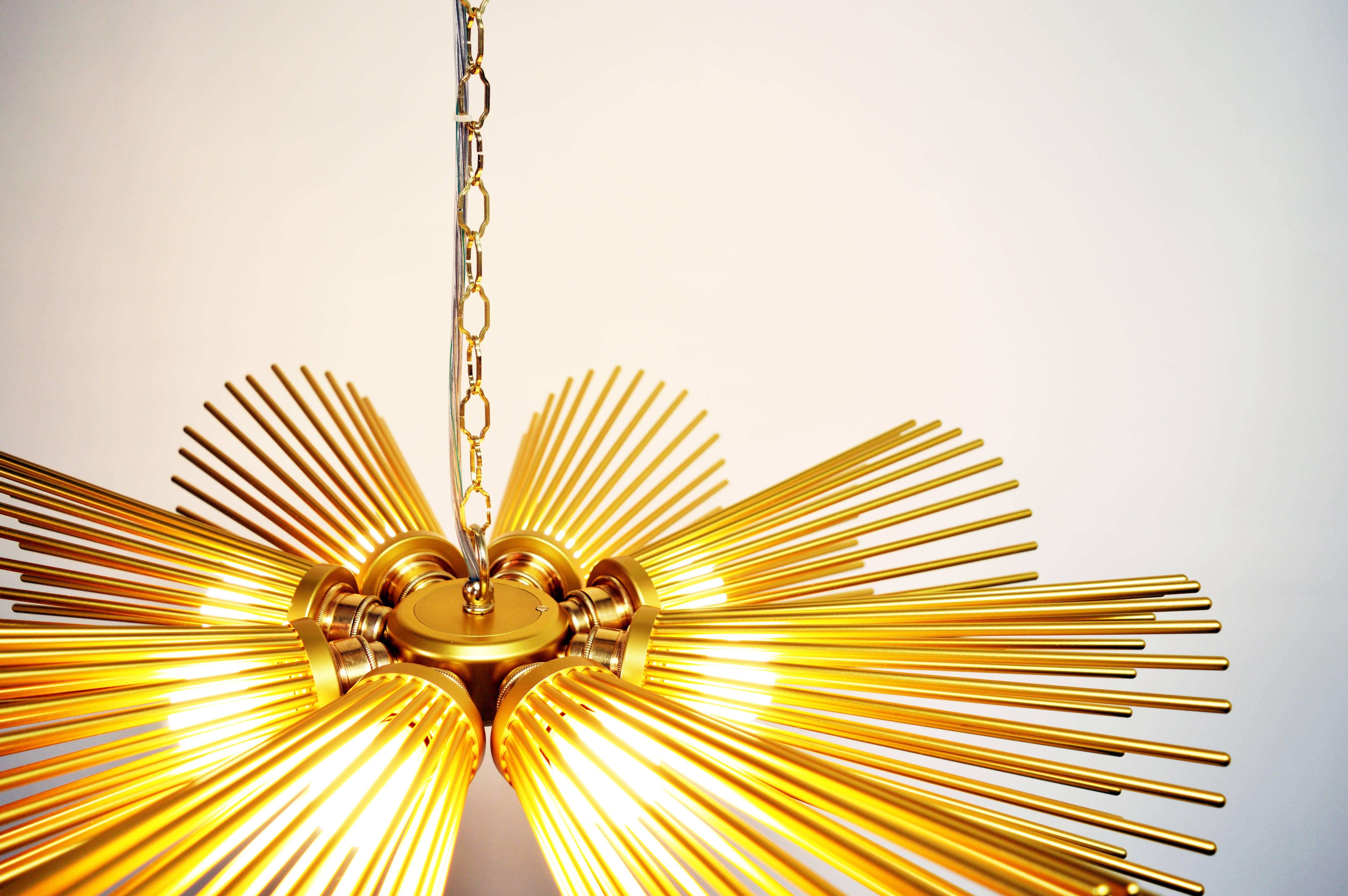 Contemporary European Modern Art Deco Style Brass Four Bulb Chandelier from United Kingdom For Sale