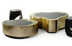 Set of Two Curvilinear Hammered Brass, Glass Center Coffee Tables from Europe