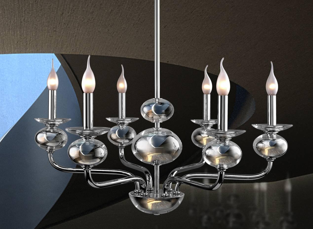 Portuguese European Modern Anastacia Six-Arm Glass, Brass and Nickel Chandelier For Sale
