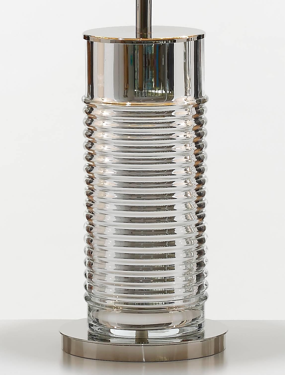 Portuguese Pair of European Modern Glass, Brass, Nickel Venezia Art Deco-Inspired Table Lamps For Sale