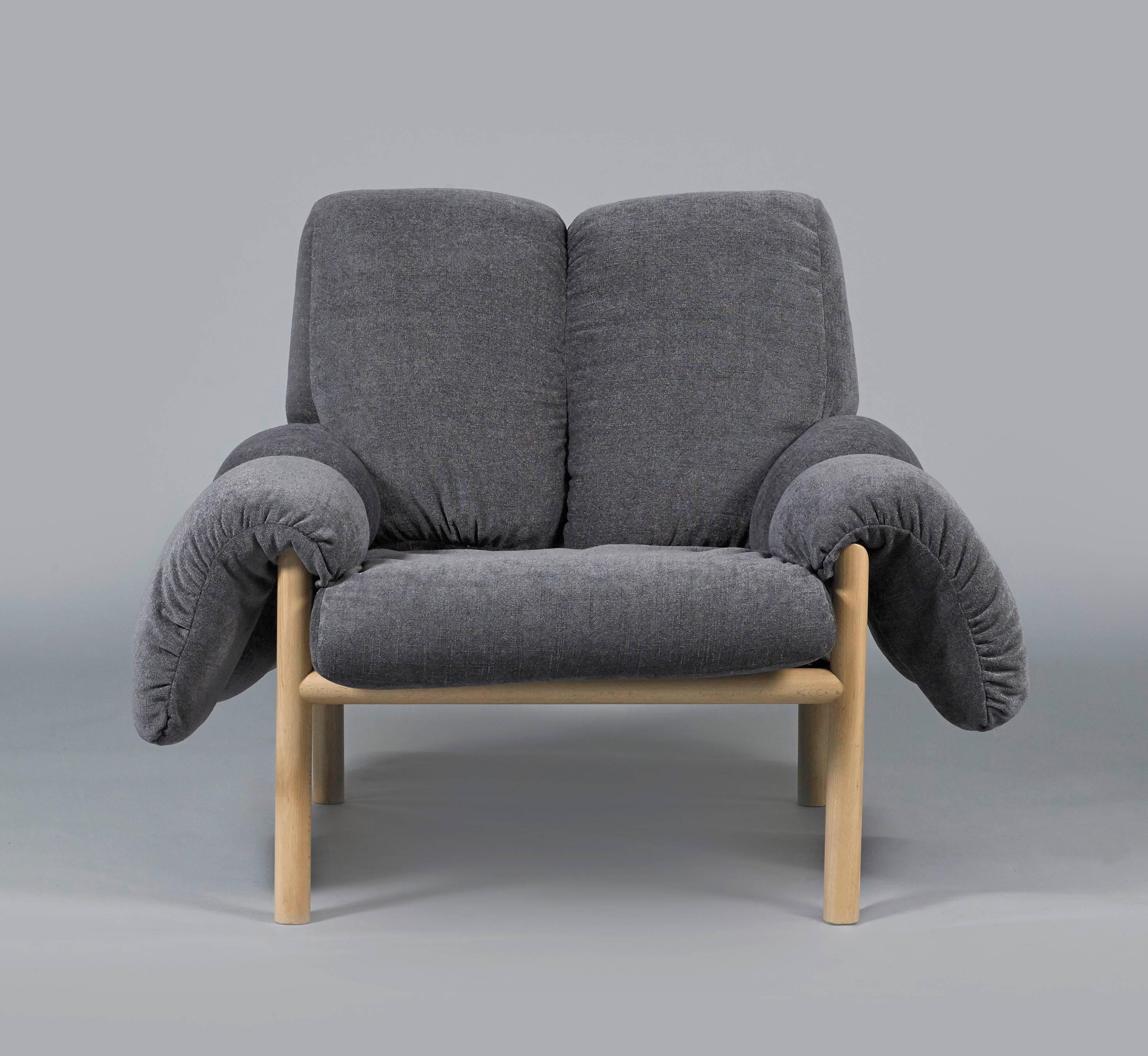 Relaxed and exceptionally comfortable armchair with a small detail of exposed timber.
Violet is made to order with loose upholstery, cushions in fabric and a timber frame.
Price indicated here is for fabric options as per pictures. Leather