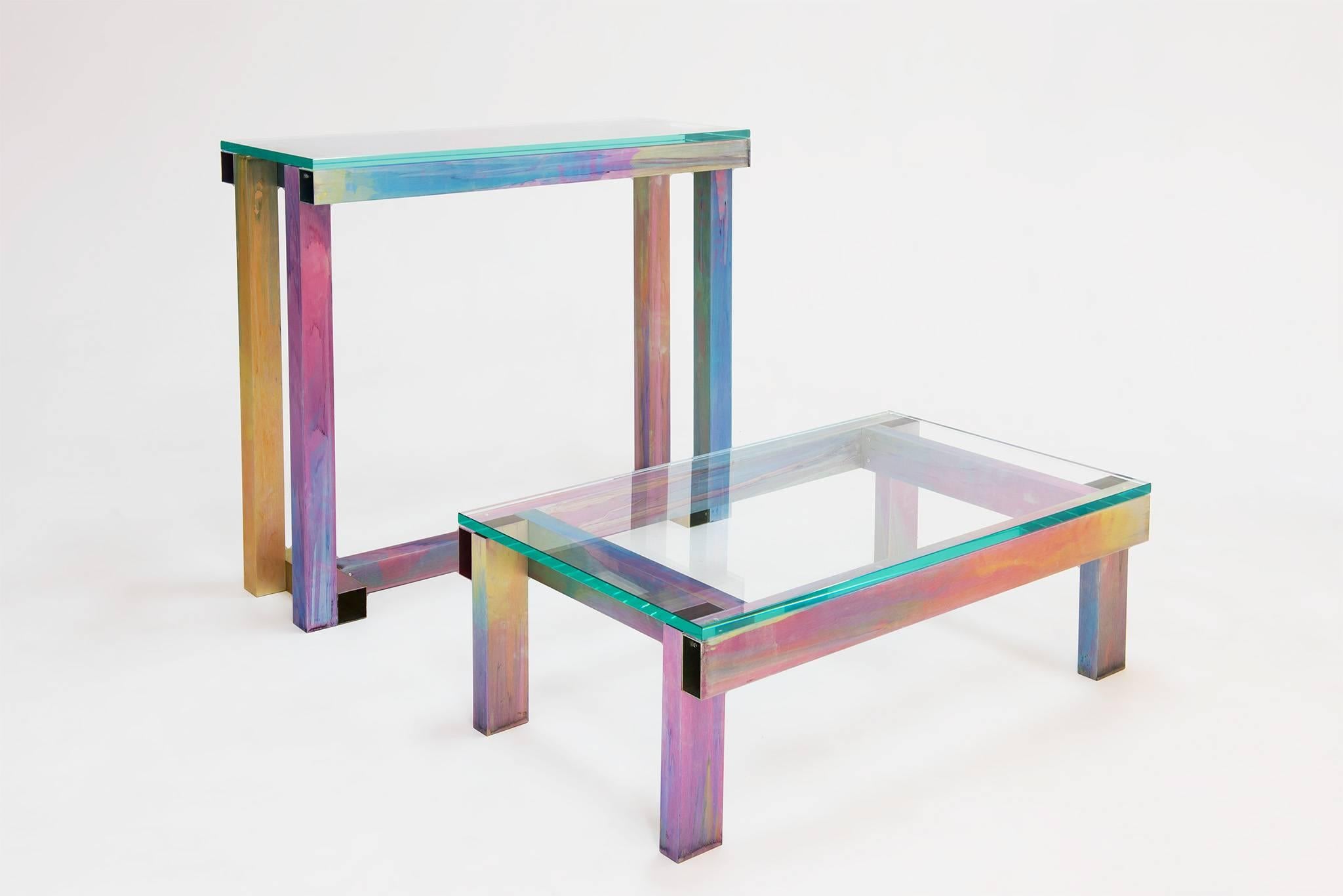 Fredrik Paulsen’s console table, commissioned by Etage Projects for Salon Art + Design New York 2017, turns the spotlight on a brand new and unique technique that combines anodized aluminium with his signature rainbow tie-dye we know from the Prism