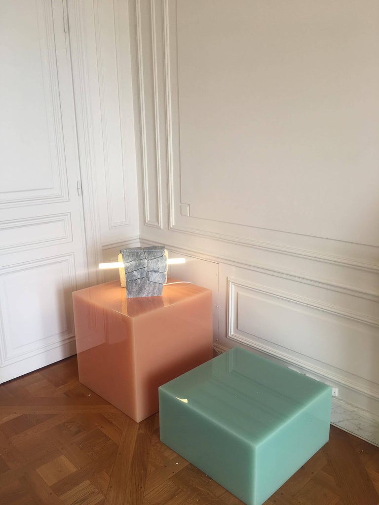 Dutch Contemporary Glossy Resin Side Table, Candy Cube by Sabine Marcelis, Mint, Low For Sale