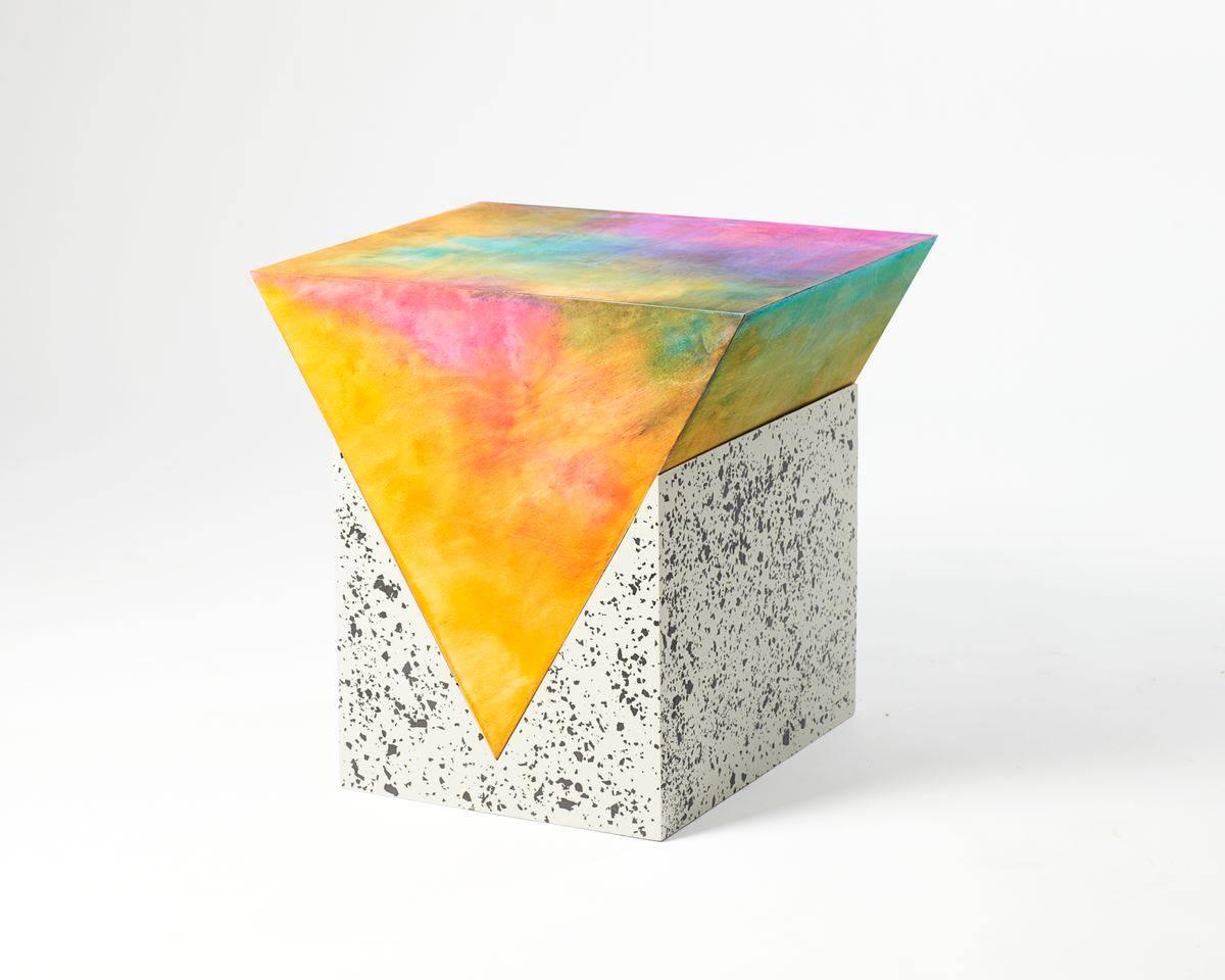 Multifunctional, two-piece table by Fredrik Paulsen, from his 'Prism' series featuring rainbow color washed pine tree (triangle prism) and painted MDF (base).

Fredrik Paulsen's work spans from furniture to interior and exhibition design. He is