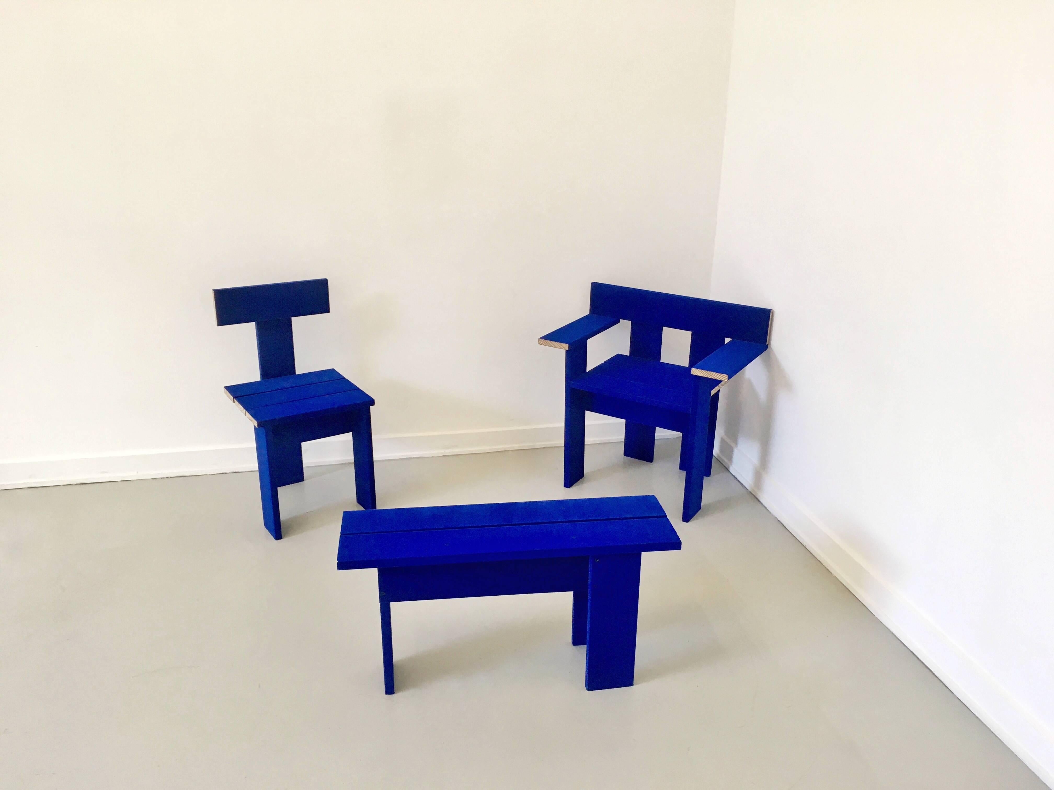 Blue textile covered wooden armchair by London based design duo Soft Baroque, previously shown at Het Nieuwe Institut.

Renderings are becoming more diabolic and sophisticated, representations of reality are appearing in higher resolution. Meanwhile