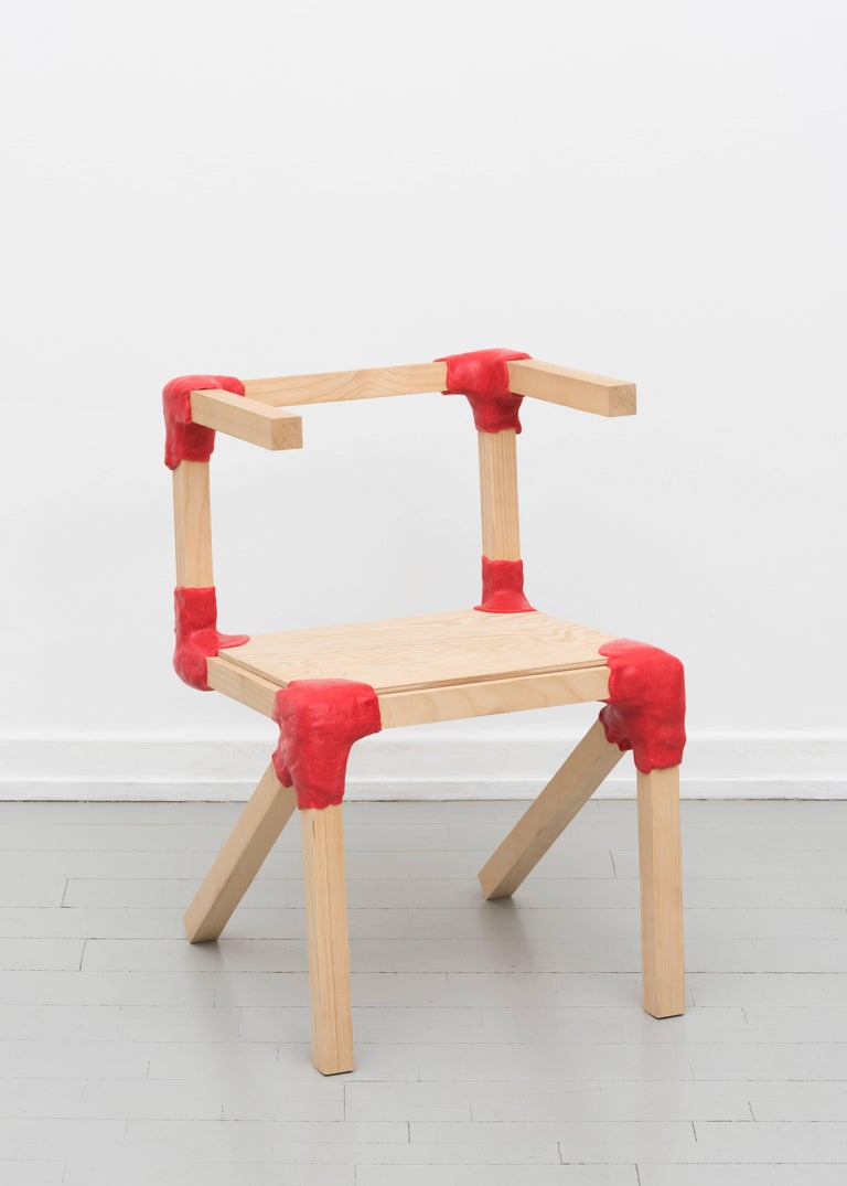 This wooden chair by Berlin-based designer Jerszy Seymour is held together with blobs of wax. Called The Workshop Chair, the piece is a product of Seymour's conceptual series of work entitled Amateur. 

It is already a part of the permanent