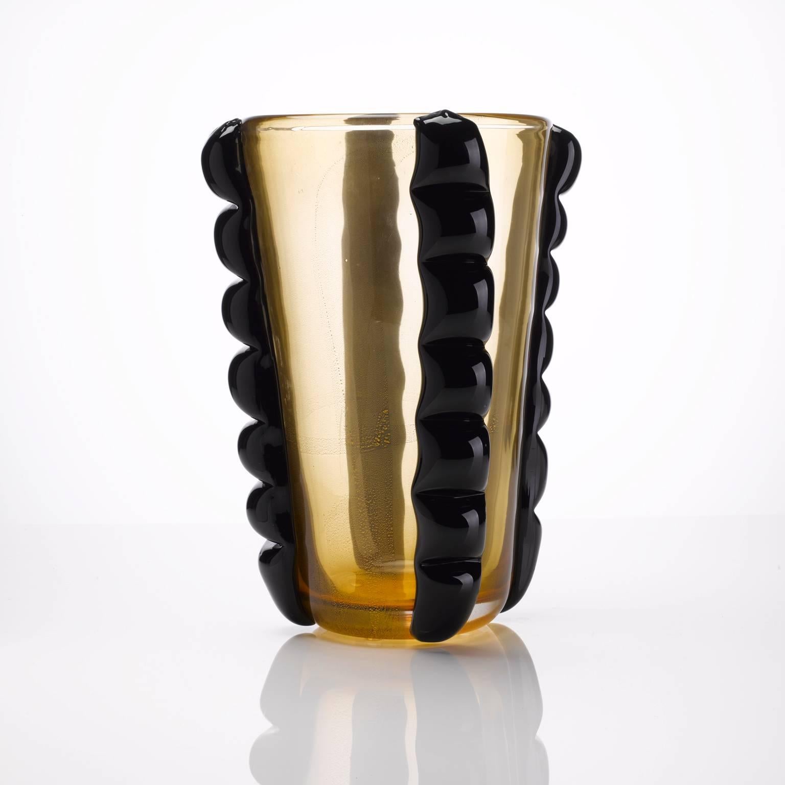 Mid-Century Modern Pair of Signed Pino Signoretto Gold and Black Vases