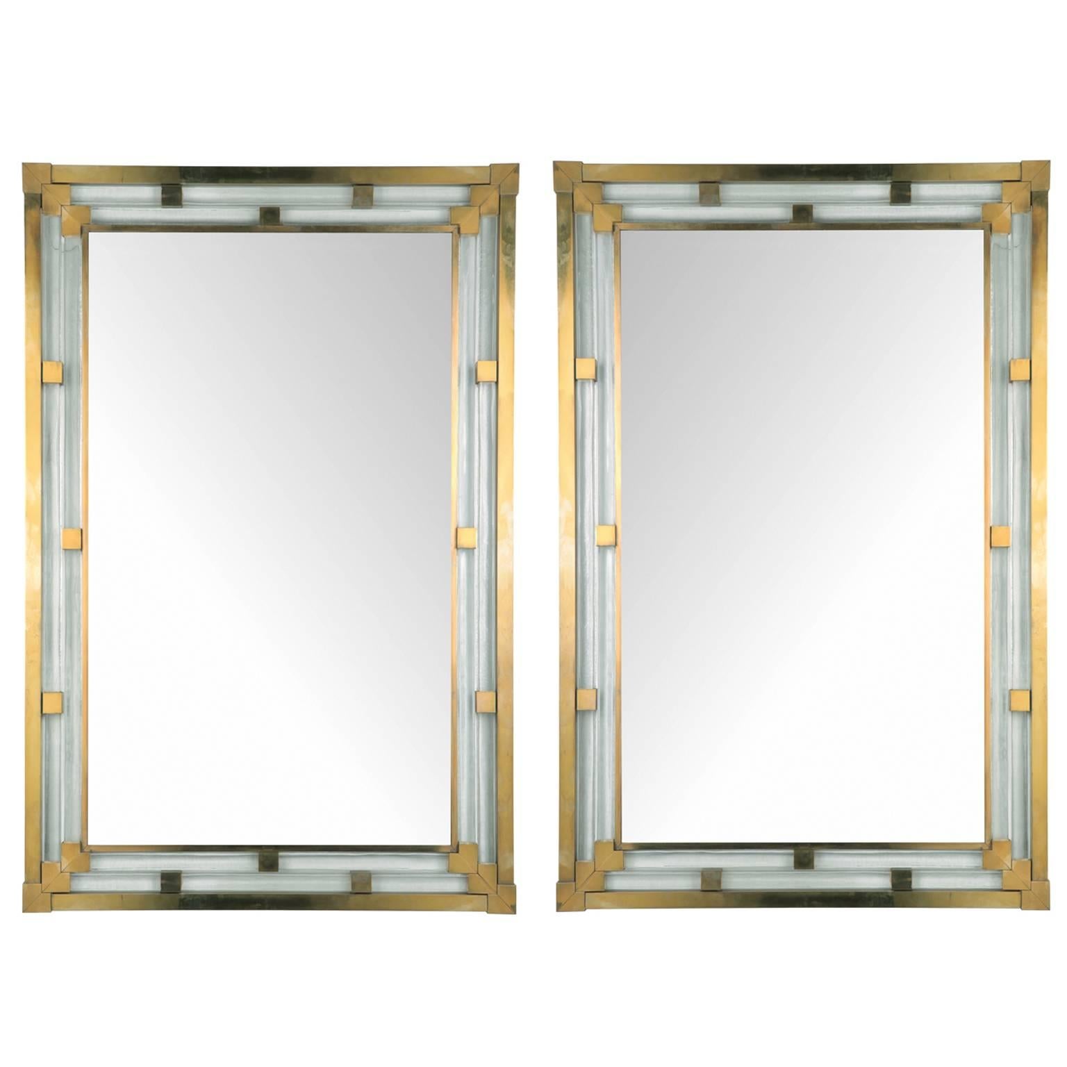 Pair of Vintage Italian, Barovier Toso, Brass and Murano Glass Mirrors