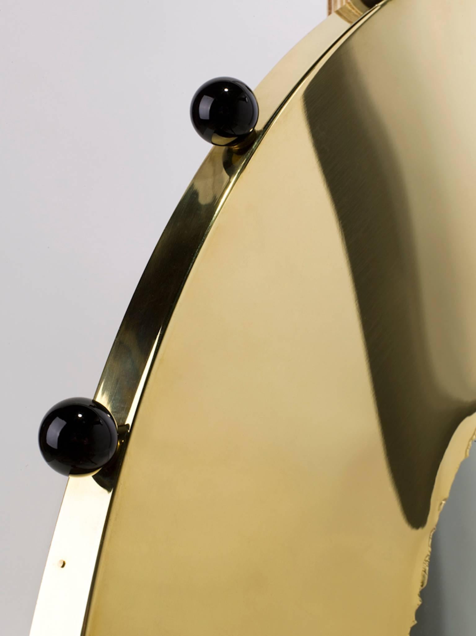 Modern Polished Brass Mirror with Black Murano Glass Balls