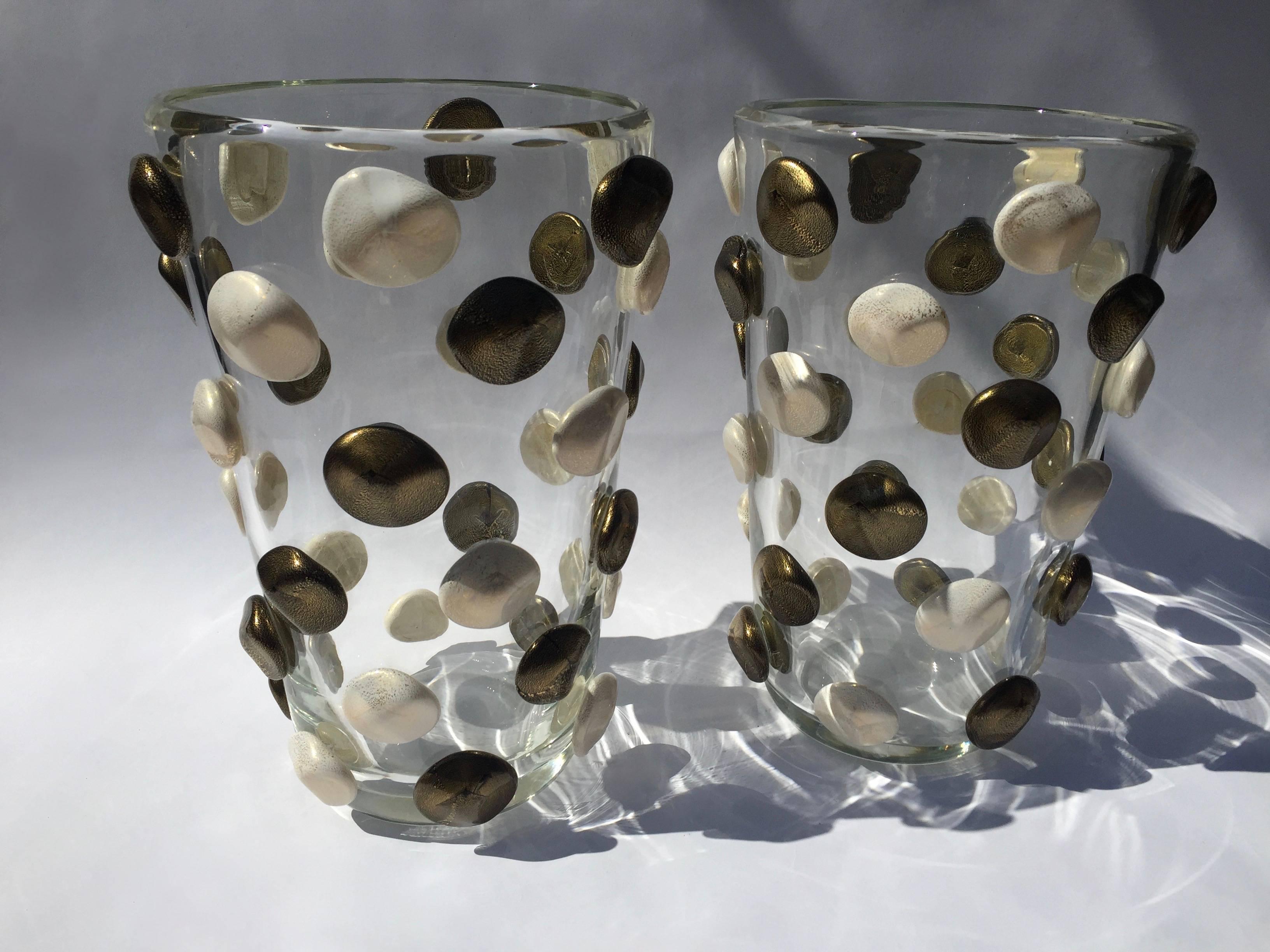 Pair of Signed Costantini, Bronze and White Dotted Murano Vases 1