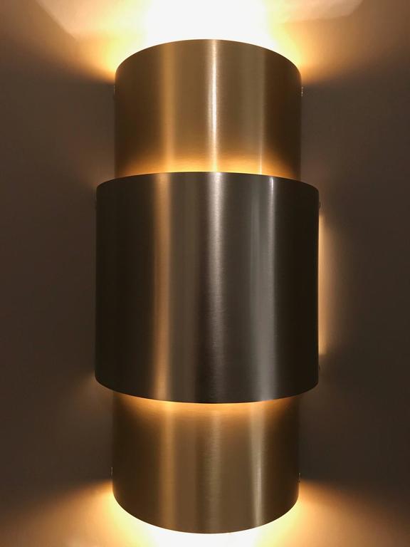 Pair of 1970s Barrel Brushed Nickel and Brass Wall Lights For Sale at 1stdibs