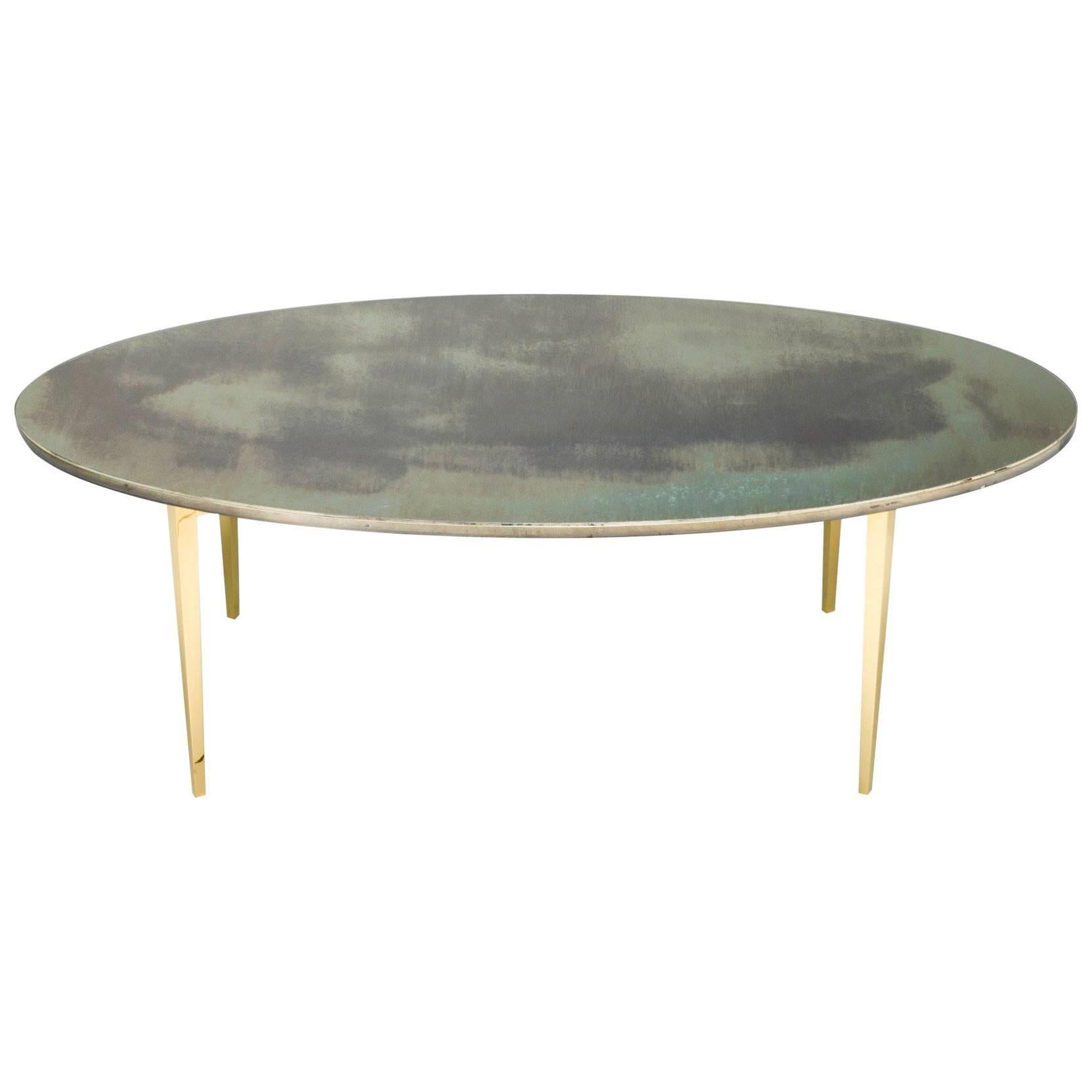 Hand-Silvered Glass Oval Cocktail Table on Brass Base For Sale