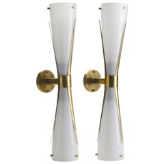 Pair of Italian Midcentury Style Murano Glass and Brass Hour-Glass Wall Lights