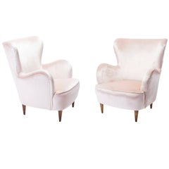 Pair of 1970s Italian 'Albergo' Armchairs Upholstered in Pink Dedar Velvet