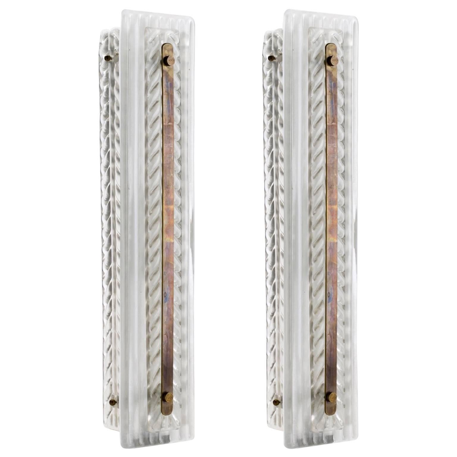 Pair of Murano, Mid-Century Modern Style Wall Sconces with Brass Strip Detailing For Sale