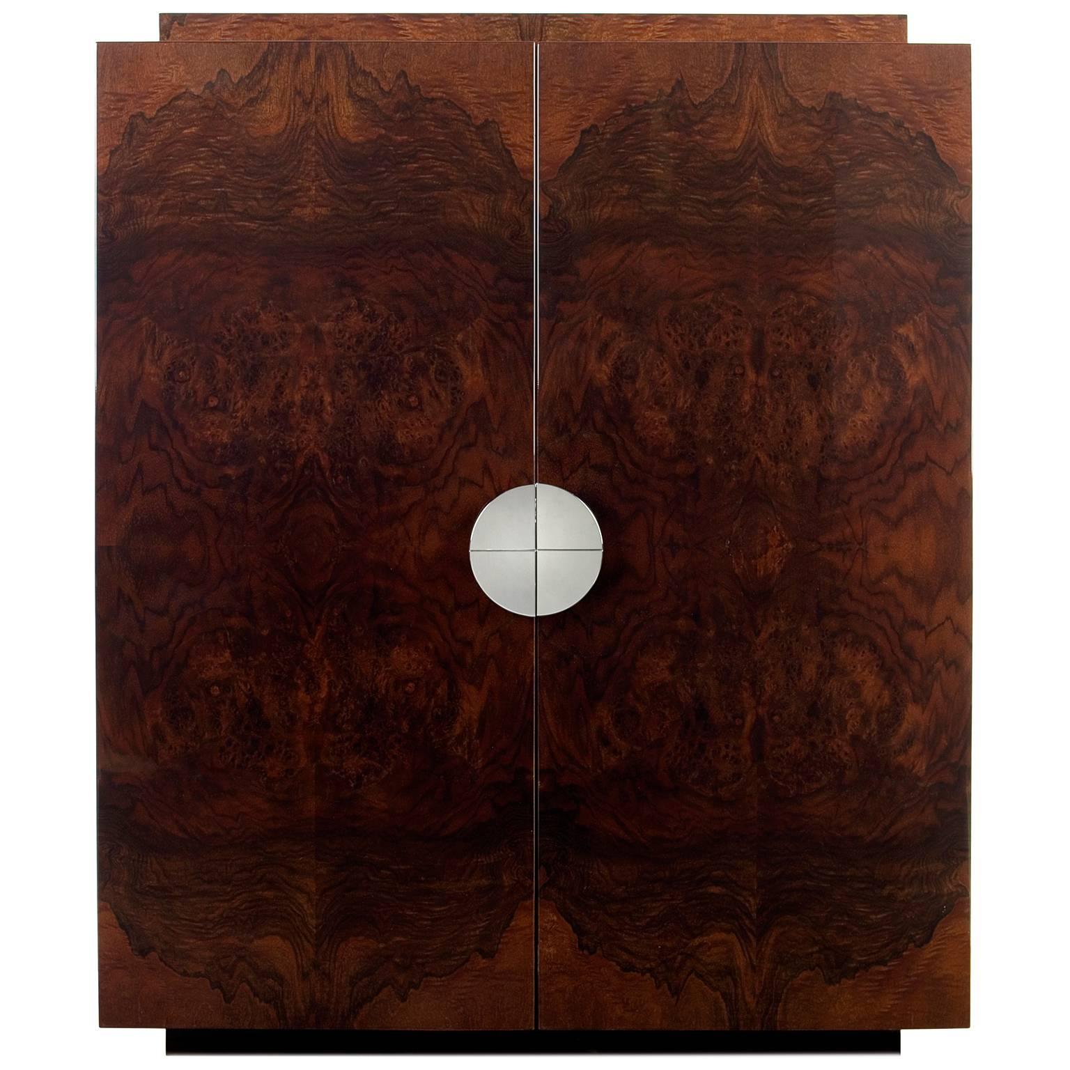 Bond Drinks Cabinet, High Gloss Burr Walnut Veneer with Maple Interior For Sale