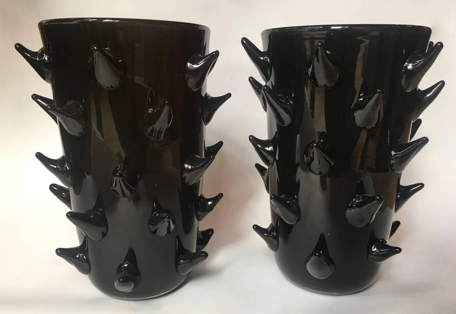 Italian Pair of Signed Costantini, Black Murano Horn Vases 