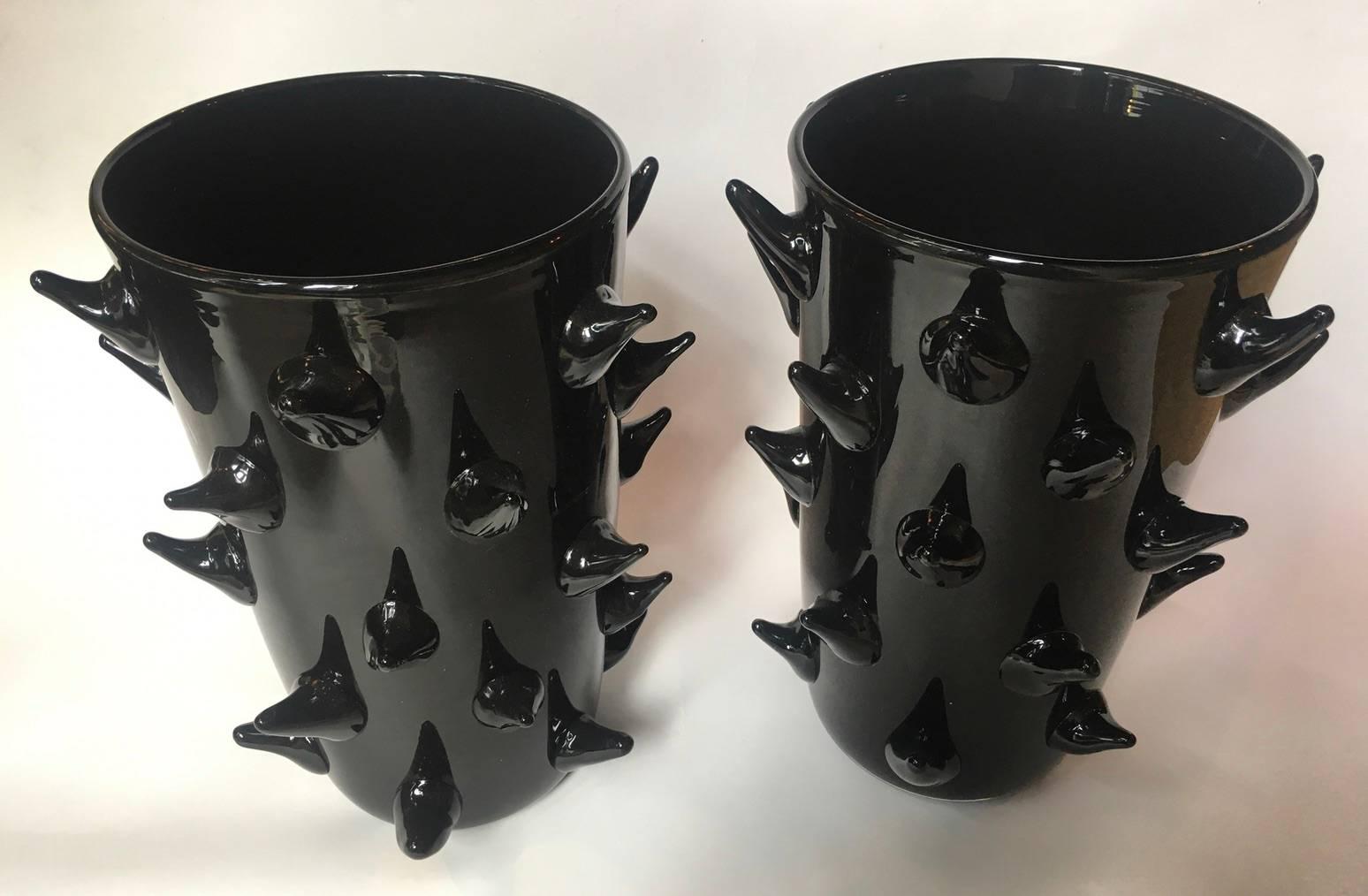 Pair of Signed Costantini, Black Murano Horn Vases  In Excellent Condition In London, GB