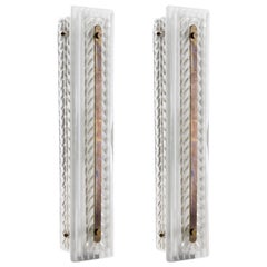 Pair of Murano, Mid-Century Modern Style Wall Sconces with Brass Strip Detailing