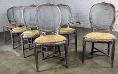 Vintage Faux Bois Carved Twig Dining Chairs with Caned Backs and Rush Seats
