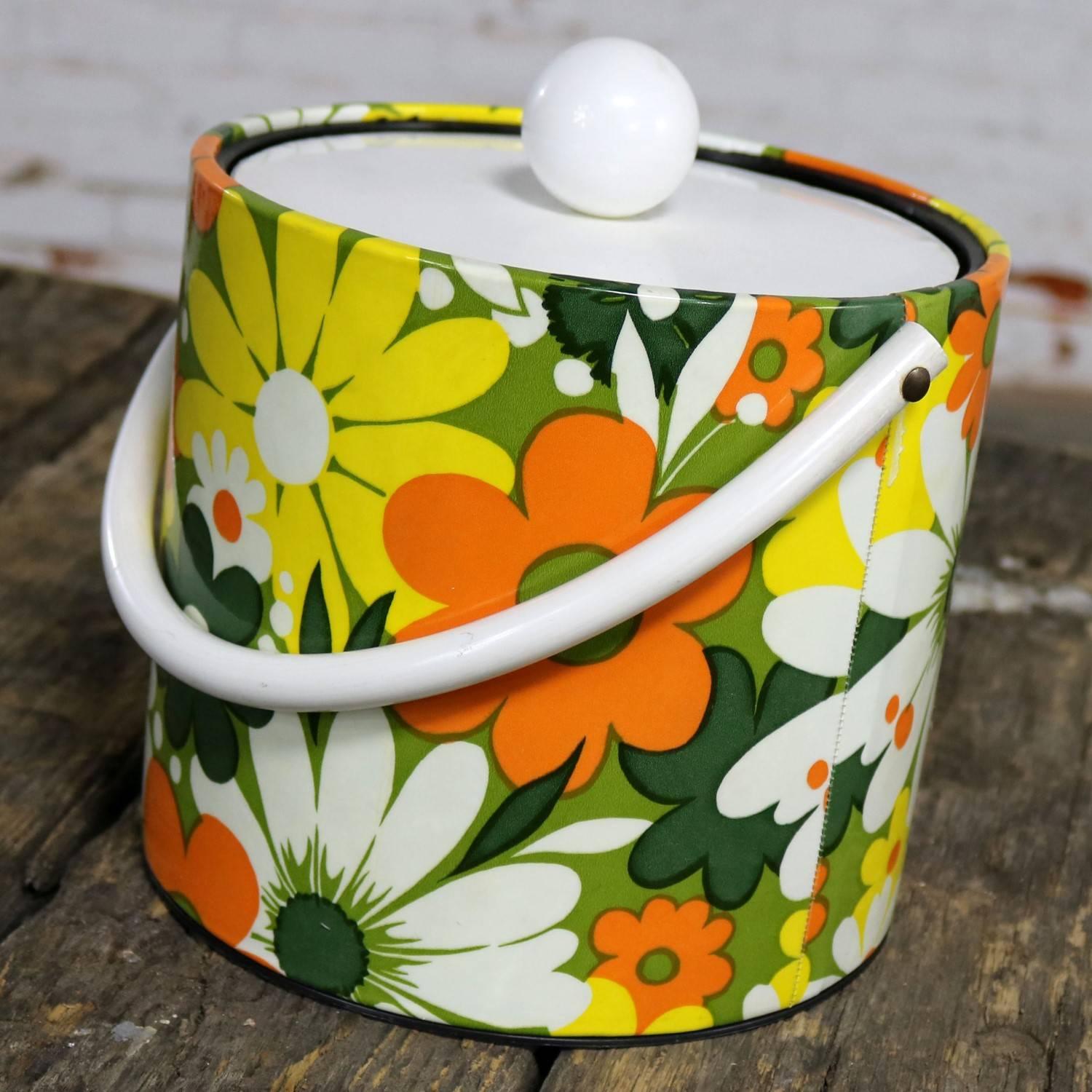 Mid-Century Modern Daisy Ice Bucket by Jack Frost Orange Green Yellow White 1