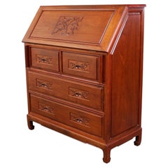 Asian Desk Teak Hand Carved Drop Front Compartmentalized Style of George Zee