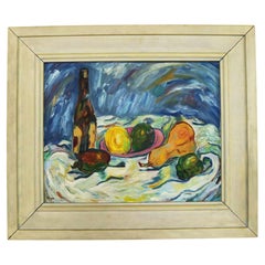 Mid Century Impressionist Still Life Painting Oil on Canvas Fruit Wine by Tonar