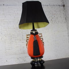 Monumental Hollywood Regency Lamp Ceramic Orange Gold Black Style of James Mont