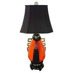 Monumental Hollywood Regency Lamp Ceramic Orange Gold Black Style of James Mont