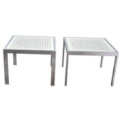 MCM to Modern Side Tables Chrome and White Cane Square Glass Top, a Pair