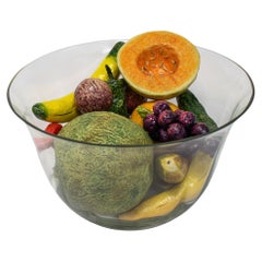 Objet d'Art Glass Bowl Centerpiece & Papier Mâché & Ceramic Fruits & Vegetables