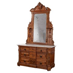 Antique Victorian Mirrored Dresser in Walnut & Burl Walnut With White Marble Top