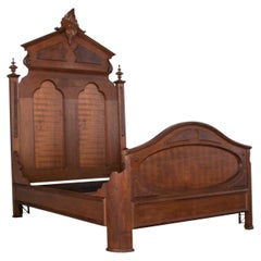 Victorian Full Size Bed Tall Lincoln Style Walnut & Burl Walnut Hand Carved