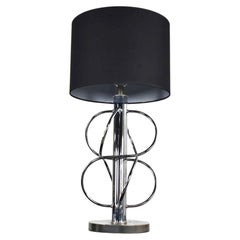 Vintage Mid-Century Modern Table Lamp Polished Chrome New Black Drum Shade