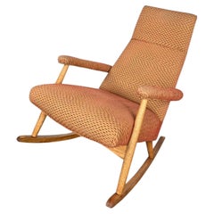 Vintage MCM Rocker Rocking Chair Oak With High Back Original Upholstery